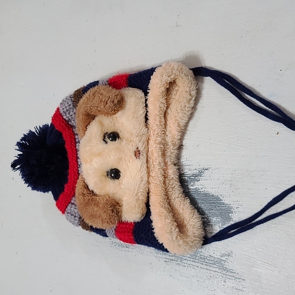 Toddler Boys Knit Winter Hat Toboggan Acrylic Faux Fur Puppy Dog Face‎ EUC